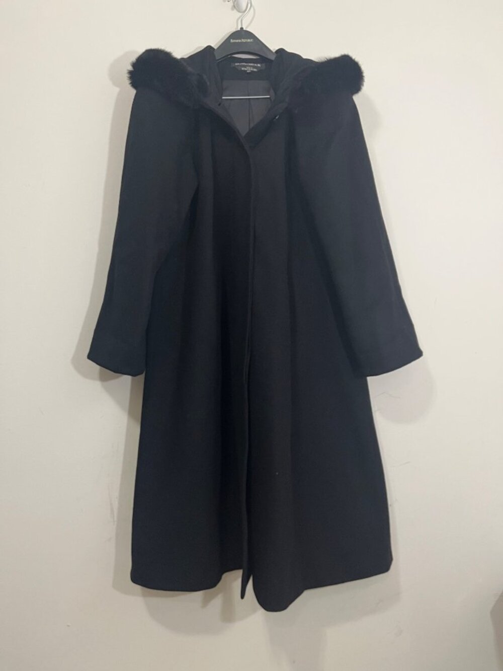 Vintage Donnybrook Black Wool Long Coat Women 10P Rabbit Fur Trim Hood Old Money
